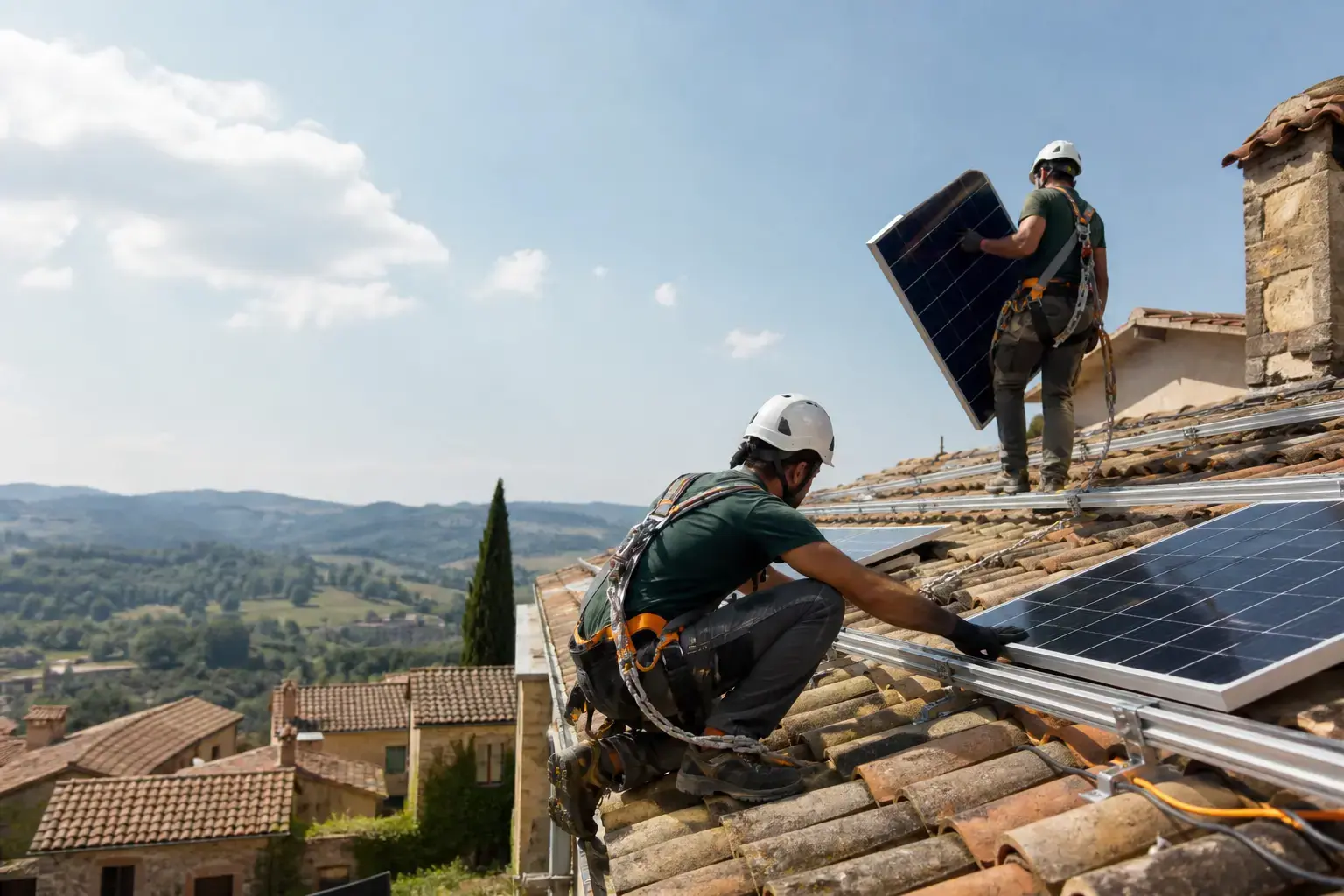 Tecnici al lavoro su un impianto fotovoltaico residenziale
